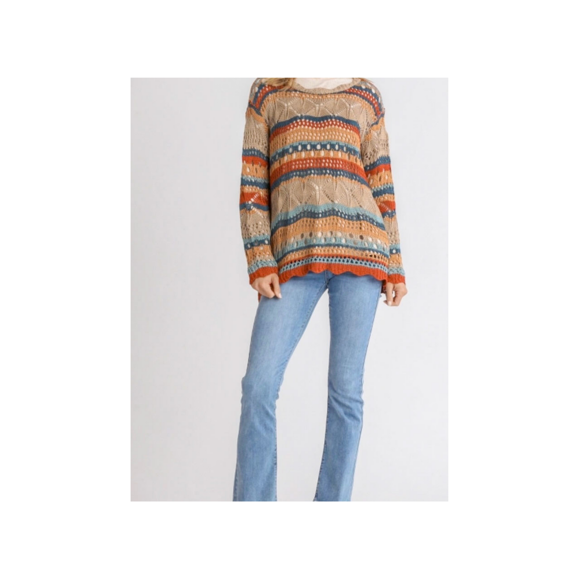 Crochet Striped Sweater W/Scalloped Hem