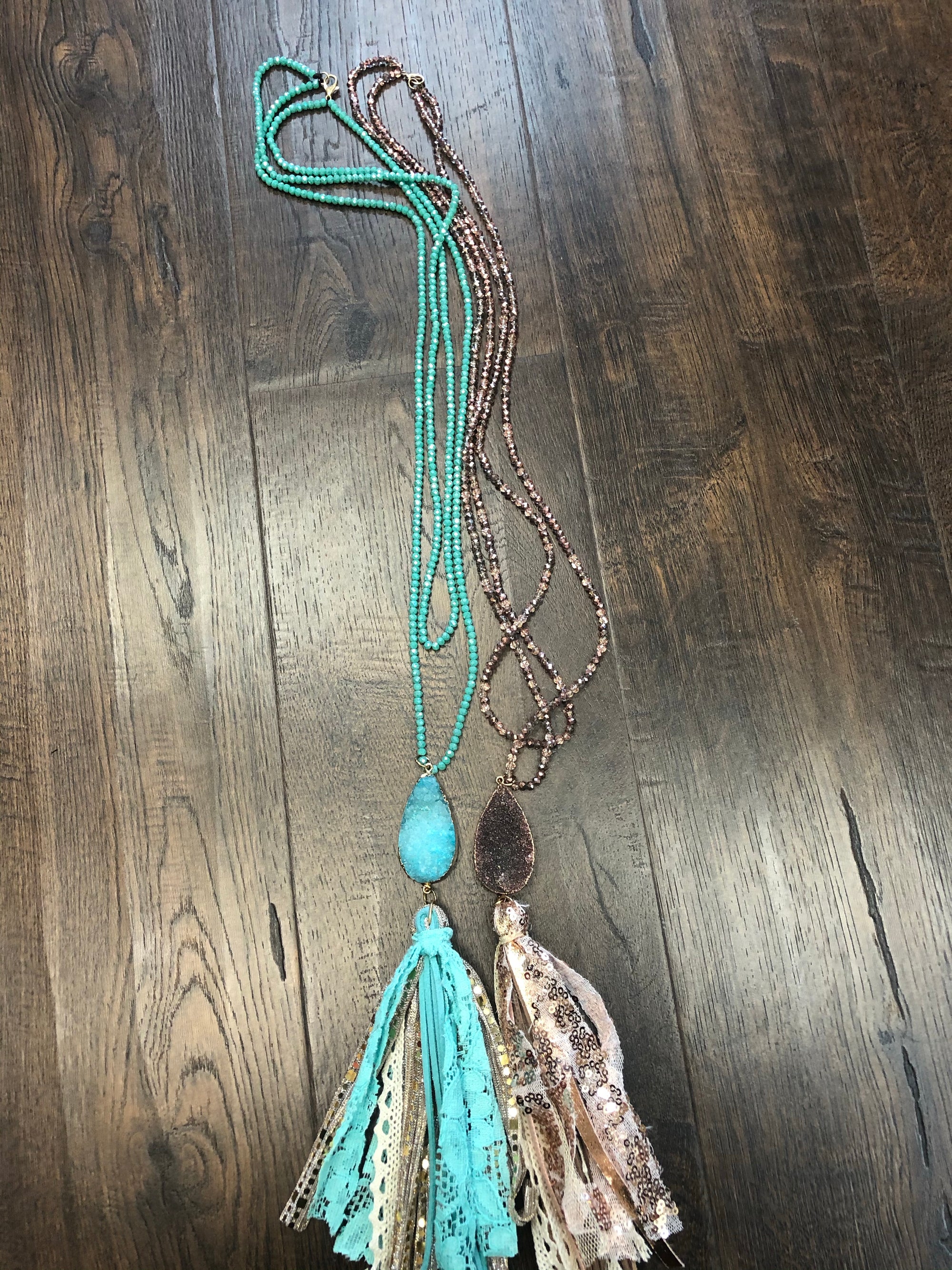 Beaded Necklace with Druzy and Tassel